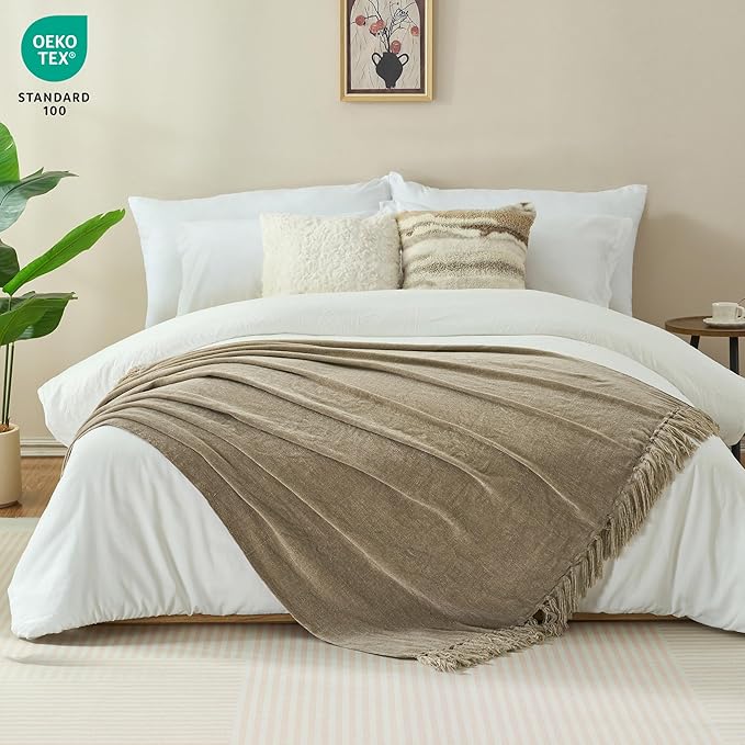 Chenille Throw Blanket for Couch with Tassels,50"X60" Soft Cozy Lightweight Knitted Boho Decorative Blankets for Bed and Sofa,Taupe