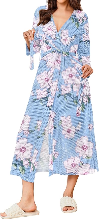 Ekouaer Women's Robe Long Waffle Knit Bathrobe Lightweight Soft Kimono Robes Loungewear S-XXL