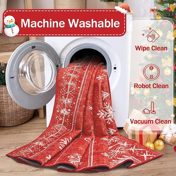 XLUEZ Christmas Area Rug 6x9 Living Room Rugs, Machine Washable Boho Christmas Tree Snowflake Rug Non-Slip Soft Low Pile Holiday Indoor Rugs for Bedroom Kitchen Dining Room Office(Xmas Red, 6'x9')