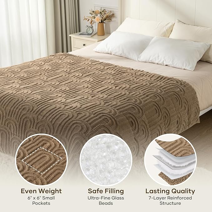Cottonblue Jacquard Weighted Blanket for Adults 15 lbs Twin Size, Cozy Fluffy Sherpa Fleece Weighted Throw Blankets 60" x 80" for Sleep Relax, Fuzzy Warm Arch Heavy Blanket Soft for Bed Couch, Khaki