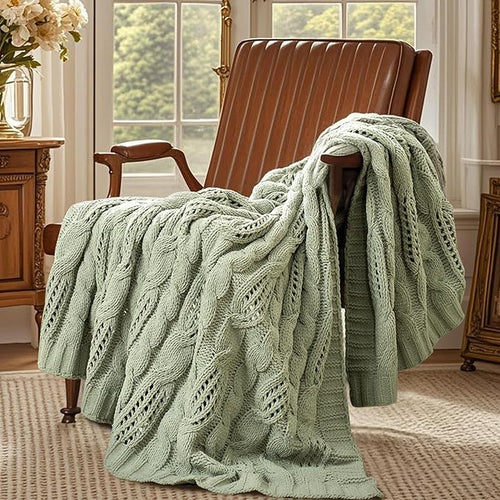 Amélie Home Chunky Knit Throw Blanket, Dual-Sided Soft Chenille Breathable Cable Knitted Blanket for Couch, Farmhouse Decorative Throw for Sofa & Chair, 50"x60", Sage Green