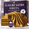 SLEEP SANCTUARY Satin Sheets Queen Size – 4 Piece Luxury Silky Bed Set, Softer Than Silk, 15" Deep Pocket, Cooling & Wrinkle-Free, Moisture-Wicking & Breathable for Hair & Skin (Striped Gold)