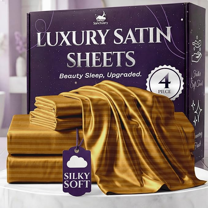 SLEEP SANCTUARY Satin Sheets Queen Size – 4 Piece Luxury Silky Bed Set, Softer Than Silk, 15" Deep Pocket, Cooling & Wrinkle-Free, Moisture-Wicking & Breathable for Hair & Skin (Striped Gold)