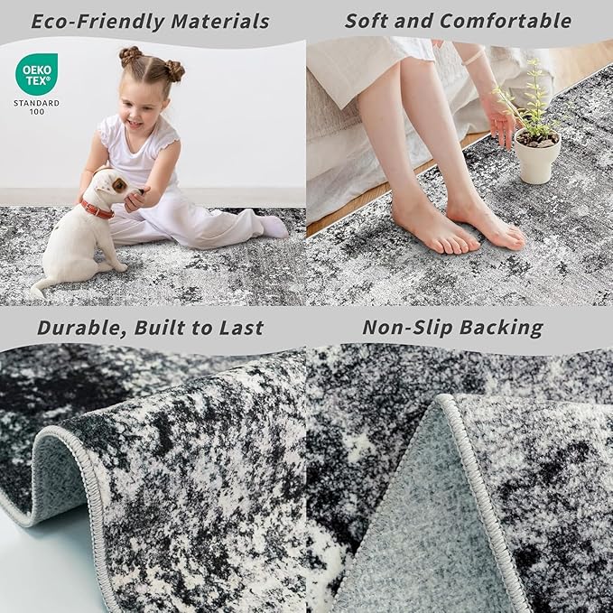 3x8 Washable Hallway Runner – Non-Slip Abstract Modern Neutral Wide Carpet Runner for Kitchen Floor, Entryway, Bedroom, Living Room – Soft Low-Pile Thin Rubber Backing（Black Grey,3x8）