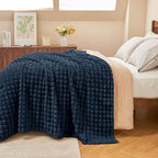 BEDELITE Navy Throw Blanket for Couch and Bed- Super Soft and Warm 3D Checkered Fluffy Fuzzy Fleece Blanket, Luxurious Plush Cozy Blanket for Room Decor Fall and Winter, 90x90 inches, Queen Size