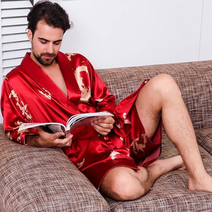Mens Satin Robe,Silk Long Sleeve House Kimono Bathrobe,Soft Loungewear Dragon Robe