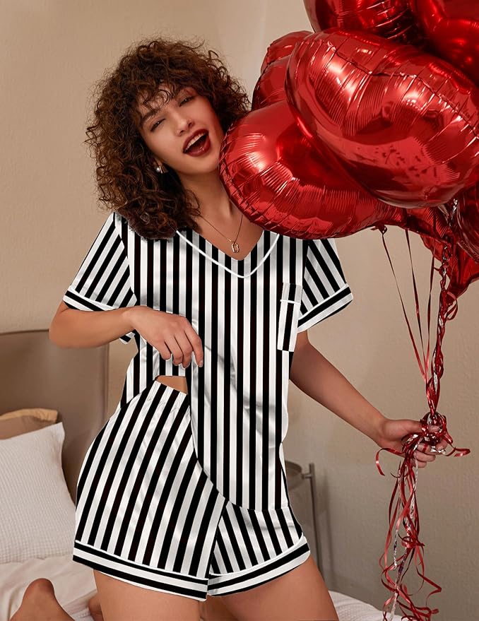 Ekouaer Silk Pajama for Women Short Sleeve Satin Pj Set Two Piece Soft Sleepwear Loungewear, S-XXL