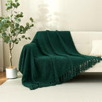 Throw Blanket for Couch, Dark Green Luxury Knitted Throws 50"x60", Textured Blankets with Handmade Fringe Tassels for Bed Sofa Decorative, Chunky Soft Farmhouse Boho Home Decor