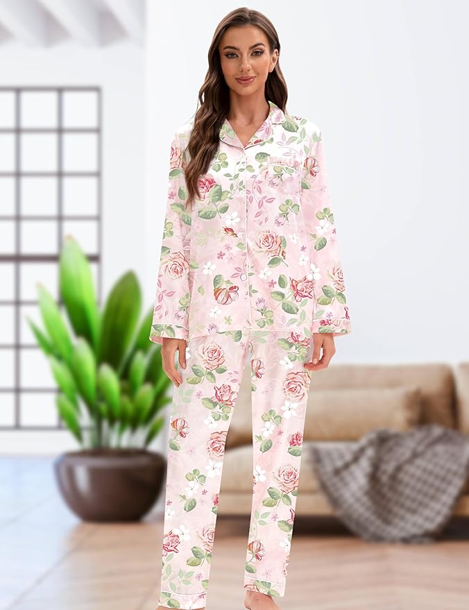 EPLAZA Silk Pajamas for Women Satin Pajamas Set 5 Pcs Long Sleeve Print Pattern Button Down Pjs Sleepwear Loungewear Set