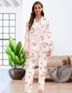 EPLAZA Silk Pajamas for Women Satin Pajamas Set 5 Pcs Long Sleeve Print Pattern Button Down Pjs Sleepwear Loungewear Set