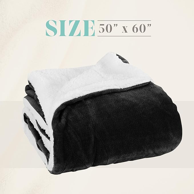 Elegant Comfort Throw Blanket, Reversible Sherpa Flannel, Ultra-Soft, Fuzzy, Cozy and Plush- All Season Lightweight Decorative Throw, 50 x 60 inches, Solid Sherpa Throw, Black