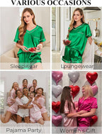 Silk Pajamas for Women Short Sleeve Satin 2 Piece Pj Set Soft V Neck Sleepwear Loungewear, S-XXL
