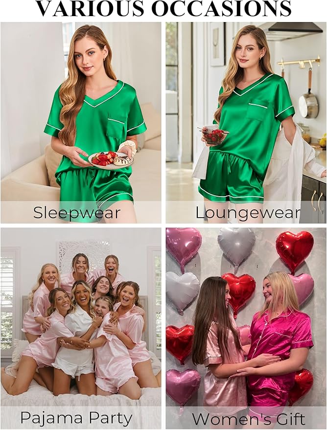 Silk Pajamas for Women Short Sleeve Satin 2 Piece Pj Set Soft V Neck Sleepwear Loungewear, S-XXL