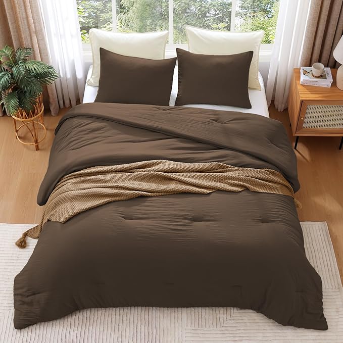 WRENSONGE Full Size Comforter Sets - 3 Pieces Chocolate Brown Comforter Prewashed Soft Lightweight for All Seasons, Fluffy Down Alternative Comforter Full Size with 2 Pillow Shams