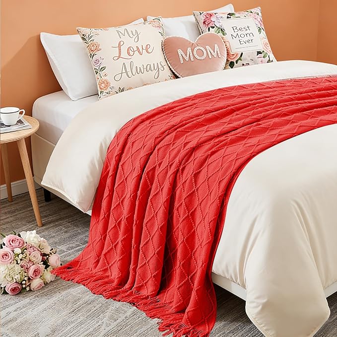 inhand Red Knitted Throw Blanket for Couch Bed, Mothers Day/Mom Birthday Gifts for Mom from Daughter Son, Soft Lightweight with Tassels, Farmhouse Warm Decorative Blanket for Women, 60"x80"