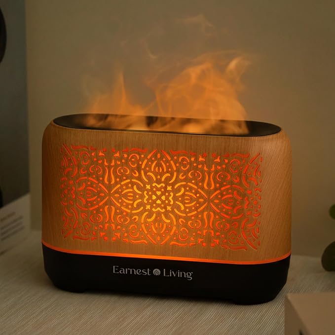 Earnest Living Essential Oil Diffuser Classic Flame Diffuser 200ml Timers Night Lights and Auto Off Function Home Office Humidifier Aromatherapy Diffusers for Essential Oils Wood