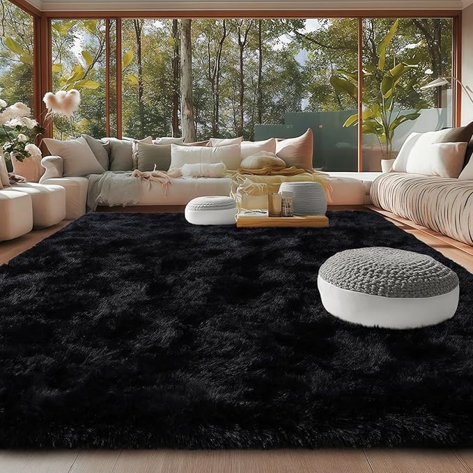 Black Rugs for Bedroom 9x12 ft Large - Ultra Soft Faux Fur Area Rug - Plush Non-Slip Shaggy Carpet for Living Room, Cozy Fluffy Rug for Kids Boys Girls Dorm Nursery Room, High Pile Floor Carpet