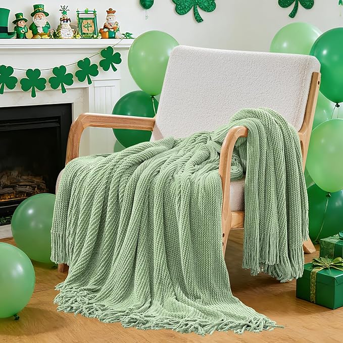 inhand Basil Green Throw Blanket for Couch Bed, St. Patrick’s Day Lucky Spring Gifts Throw for Men Women,Chunky Chenille Woven Soft Warm Blanket,Boho Farmhouse Cozy Decor,50"x60",Extra Thick
