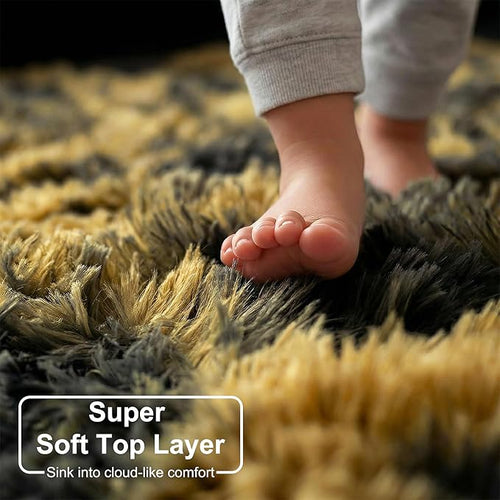 Amdrebio Black Gold Yellow Grey Rugs for Bedroom Living Room Decor, Fluffy Furry Fuzzy Shaggy Area Rug 5x7 for Kids Room Dorm Home Office, Modern Cool Leopard Cheetah Shag Carpet for Teen Boys Men