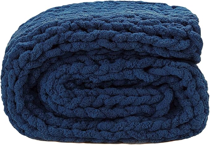 YAAPSU Chunky Knit Throw Blanket for Couch, 51"x63", 100% Hand Knitted Thick Cable Knit with Cozy Jumbo Chenille Yarn, Soft Large Rope Knot Crochet Blankets for Sofa Bed Living Room Décor, Navy Blue