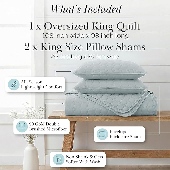 Southshore Fine Living, Inc. Lightweight Quilt, Oversized Quilts for King Bed, Soft Coverlet, 3-Piece Bedspread Set with Two Matching Quilted Pillow Shams, All Season Cal/King Quilt, Harbor Mist Blue