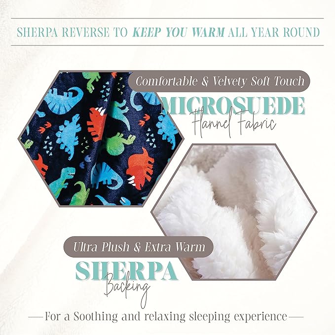 Elegant Comfort Throw Blanket, Reversible Sherpa Flannel, Ultra-Soft, Fuzzy, Cozy and Plush- All Season Lightweight Decorative Throw, 50 x 60 inches, Navy Dino Sherpa Throw