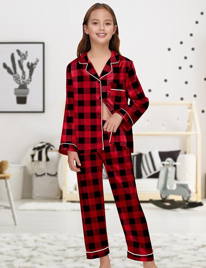 EPLAZA Kids Satin Pajamas Sets Girls Boys Button-Down Silky Pajamas Sleepwear with Hairband Eye Mask Hair Tie