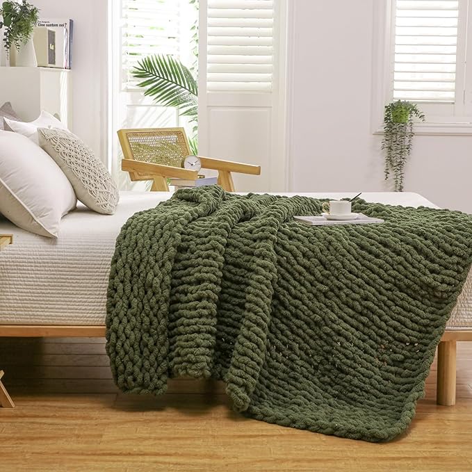 WESHIONGOO Chunky Knit Blanket Throw 51"×63" Knitted Throw Blankets for Couch Bed Fluffy Soft Blanket with Jumbo Chenille Yarn Thick 100% Handmade (Olive Green)