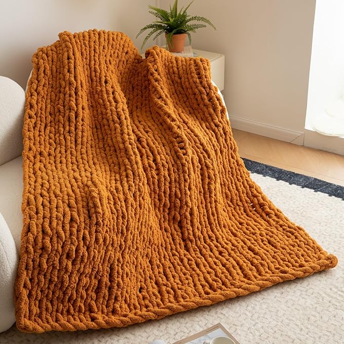 WESHIONGOO Chunky Knit Blanket Throw 51"×63" Knitted Throw Blankets for Couch Bed Fall Throw Blanket Fluffy Soft Blanket with Jumbo Chenille Yarn Thick 100% Handmade (Burnt Orange)