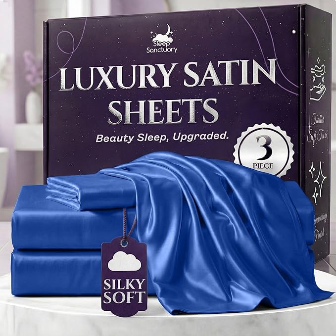 SLEEP SANCTUARY Satin Sheets Twin Size – 3 Piece Luxury Silky Bed Set, Softer Than Silk, 15" Deep Pocket, Cooling & Wrinkle-Free, Moisture-Wicking & Breathable for Hair & Skin (Blue)