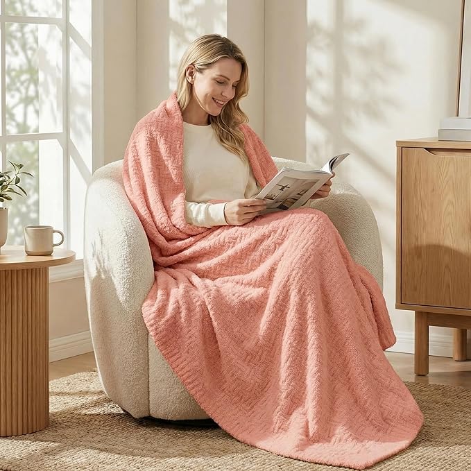 Buttery Soft Knit Throw Blanket 60x80 Pink for Bed or Couch, Reversible Heather Oversized Decorative Blanket, Lightweight Warm Microfiber Knitted Throw for Bedroom, Living Room, Cozy Gift