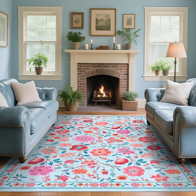 CRYPTOLITE 9x12 Area Rug for Living Room Clearance, Modern Washable Rug Non Slip Low Pile Floral Rugs for Living Room, Bedroom, Farmhouse, Dining Room, Kids Playroom, Blue