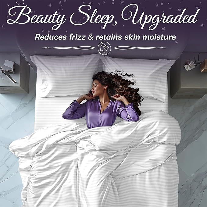 SLEEP SANCTUARY Satin Sheets Queen Size – 4 Piece Luxury Silky Bed Set, Softer Than Silk, 15" Deep Pocket, Cooling & Wrinkle-Free, Moisture-Wicking & Breathable for Hair & Skin (Striped White)