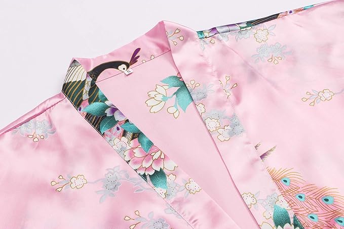 Women's Short Kimono Robes Bride and Bridesmaid Satin Floral Bathrobe Peacock Sleepwear Dressing Gown for Wedding Party