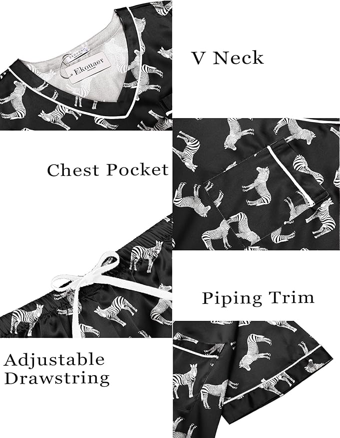 Ekouaer Silk Pajama for Women Short Sleeve Satin Pj Set Two Piece Soft Sleepwear Loungewear, S-XXL