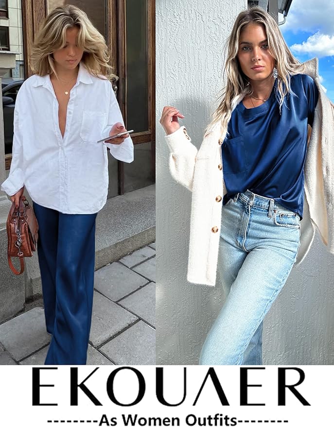 Ekouaer Womens Satin Silky Pajama Set Short Sleeve Shirt with Long Pajama Pant Set Soft PJ Loungewear