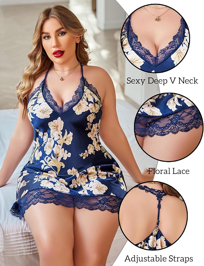 Avidlove Women Lingerie Plus Size Satin Lace Chemise Nightgown Sexy Full Slips Sleepwear L-4XL