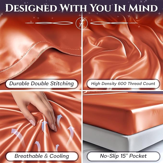 SLEEP SANCTUARY Satin Sheets King Size – 4 Piece Luxury Silky Bed Set, Softer Than Silk, 15" Deep Pocket, Cooling & Wrinkle-Free, Moisture-Wicking & Breathable for Hair & Skin (Burnt Orange)