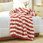Amélie Home Chunky Knit Throw Blanket for Couch, Soft Chenille Handmade Crochet Throw Rope Knot Blanket for Couch, 50"x60", Burnt Orange & White Striped