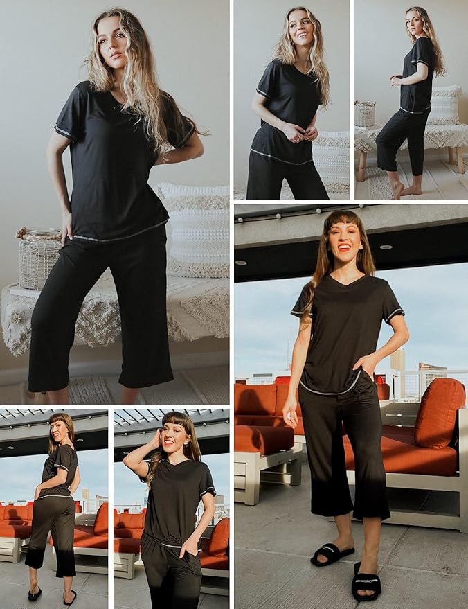 Ekouaer Women's Sleepwear Capri Pajama Sets Short Sleeve Two-Piece Pjs V Neck Tops & Capri Pants with Pockets S-3XL