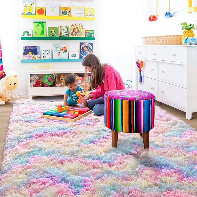 ISEAU Rainbow Rug for Girls Bedroom, 3 x 5 Feet Fluffy Area Rugs for Living Room, Ultra Kawaii Abstract Shaggy Colorful Carpet, Fuzzy Cute Unicorn Rug for Kids Girl Room Decor