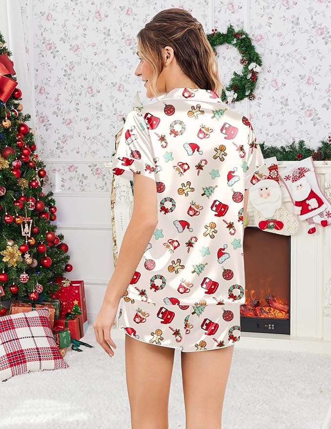 Ekouaer Womens Silk Satin Pajamas Short Sleeve PJS Shorts Set Soft Button Down Sleepwear 2 Piece Loungewear S-5XL
