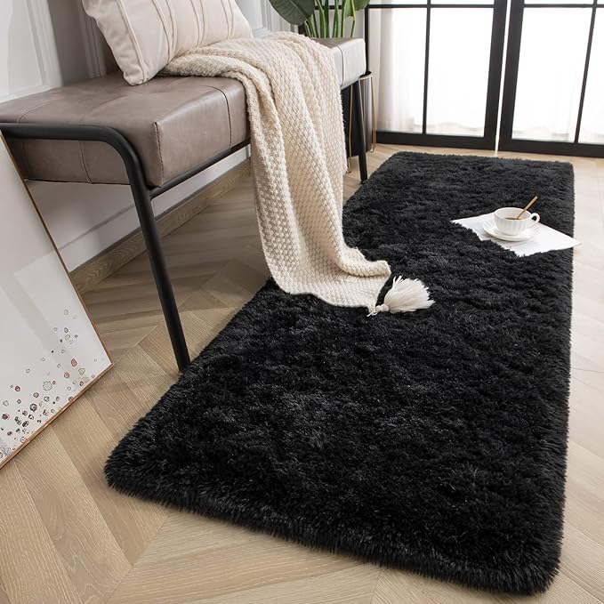 Jelymark Super Soft Shaggy Rug for Bedroom, 2x6 Feet Fluffy Carpet for Living Room, Fuzzy Indoor Plush Area Rug for Home Decor, Furry Floor Rugs for Dorm, Kids Nursery Rug for Girls, Black