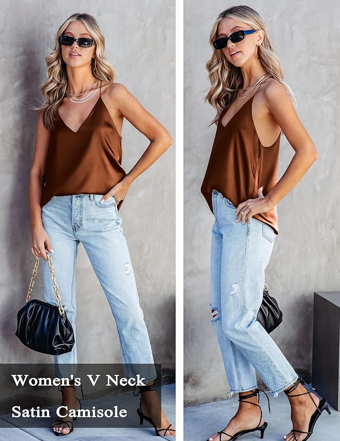 Ekouaer Women's 2 Pcs Satin Camisole Silky Pajama Tank Tops V Neck Soft Spaghetti Strap Loose Basic Sleepwear