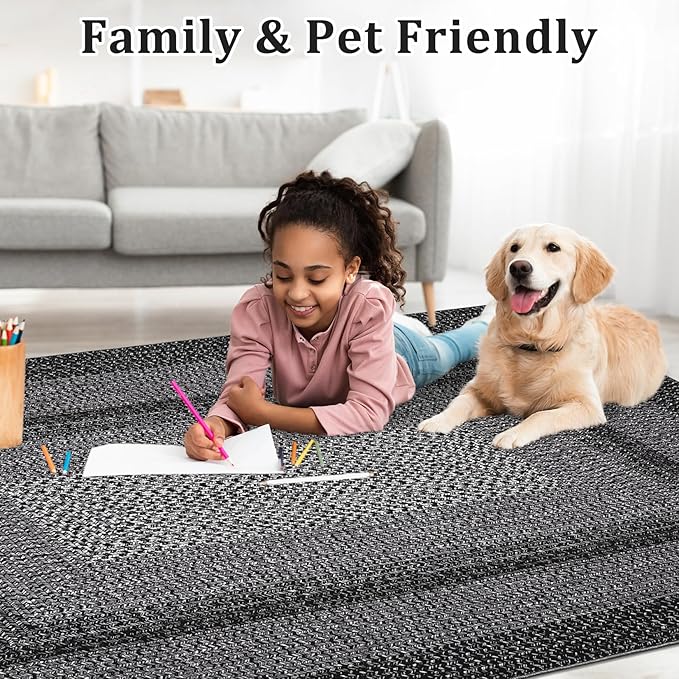 Large Bedroom Rug 6x9 Machine Washable Rug Braided Print Boho Throw Floor Cover Farmhouse Rustic Dining Room Carpet Geometric Bordered Braided Carpet for Living Room Home Office, Black