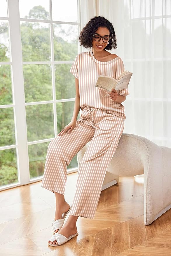 Ekouaer Womens Satin Silky Pajama Set Short Sleeve Shirt with Long Pajama Pant Set Soft PJ Loungewear