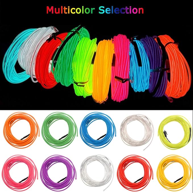 JIGUOOR EL Wire Battery Pack 9.8ft / 3m Bright Neon Light Strip 360° Illumination Neon Tube Rope Lights for DIY, Festival, Party Decoration, Pub, Halloween, Chrismas (9.8ft / 3m, Yellow)