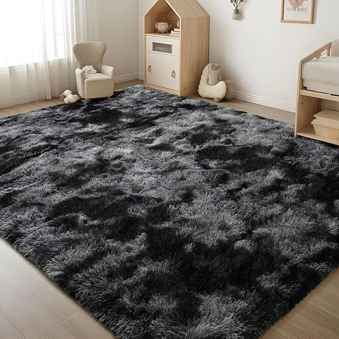 ISEAU Area Rug for Living Room, 5 x 8 Feet Shag Rugs for Bedroom, Modern Indoor Carpet Non-Slip Abstract Aesthetic Fuzzy Rug, Fluffy Rugs for Boys Kids Bedroom Decor, Dark Grey