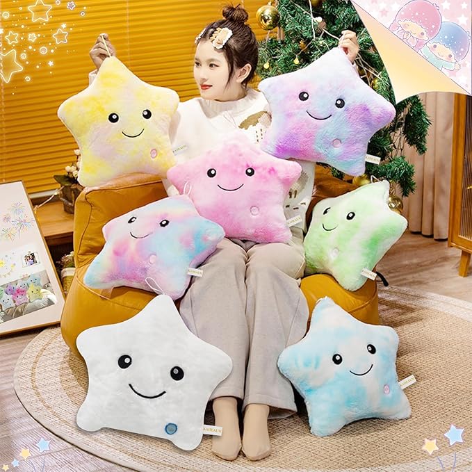 LED Night Light Up Star Pillow for Kids Pillows Stuffed Animals for Girls Boys Children Teens Adults Plushie Birthday Christmas Holiday Valentines Doll Gifts,Glow in The Dark Toys Plush White