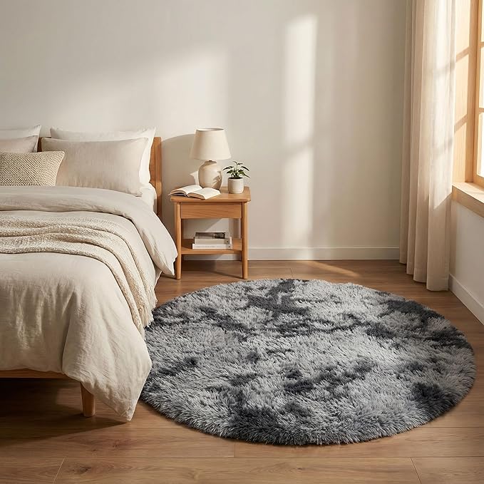 duduta Grey Round Rug for Kids Nursery Playroom, 4x4 ft Tie Dye Gray Fluffy Shag Rugs for Bedroom Classroom Dorm Decor, Washable Non Slip